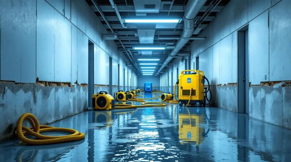 Commercial property with water damage being assessed by restoration technicians