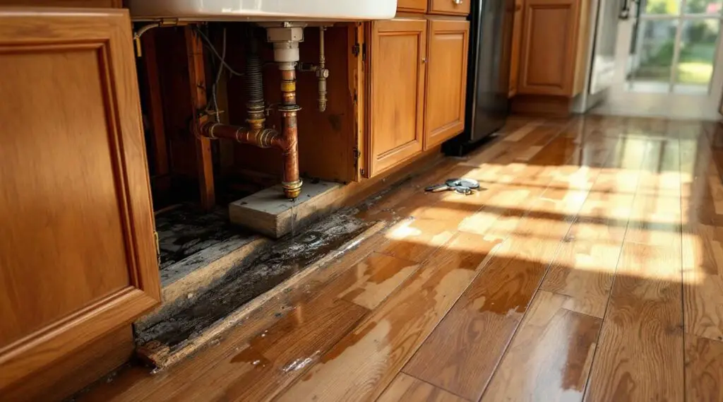 Emergency water damage restoration in a kitchen with a burst pipe