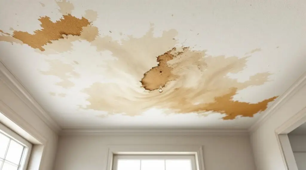 Water-damaged ceiling with visible stains and dripping water, showing urgency
