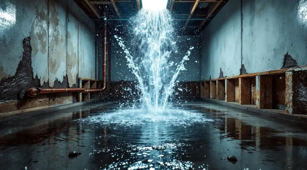 Emergency water spraying from a burst pipe in a residential basement, requiring immediate water damage restoration.