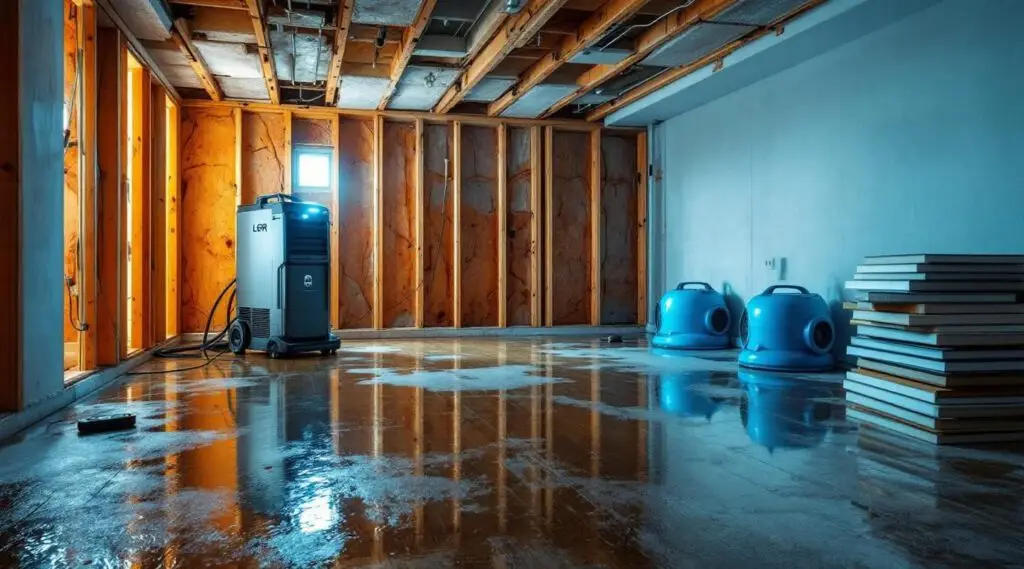 Technicians removing standing water from a flooded living room floor in a residential home
