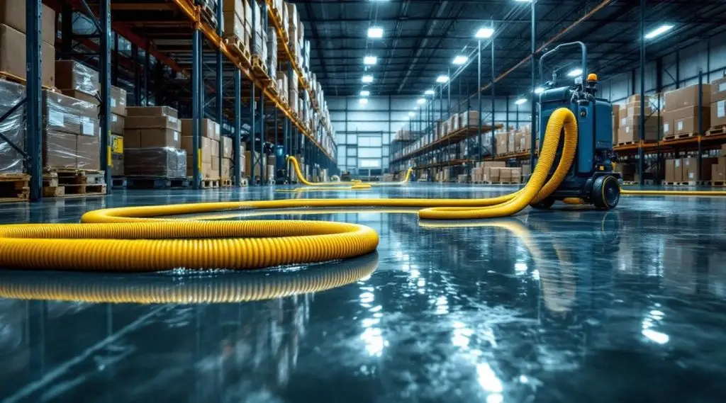 Industrial warehouse floor with standing water being rapidly extracted by large commercial-grade vacuums and technicians in protective gear