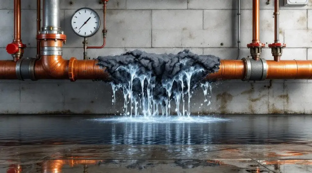 Water gushing from a burst pipe in a commercial building, with a wet floor and emergency restoration team arriving.