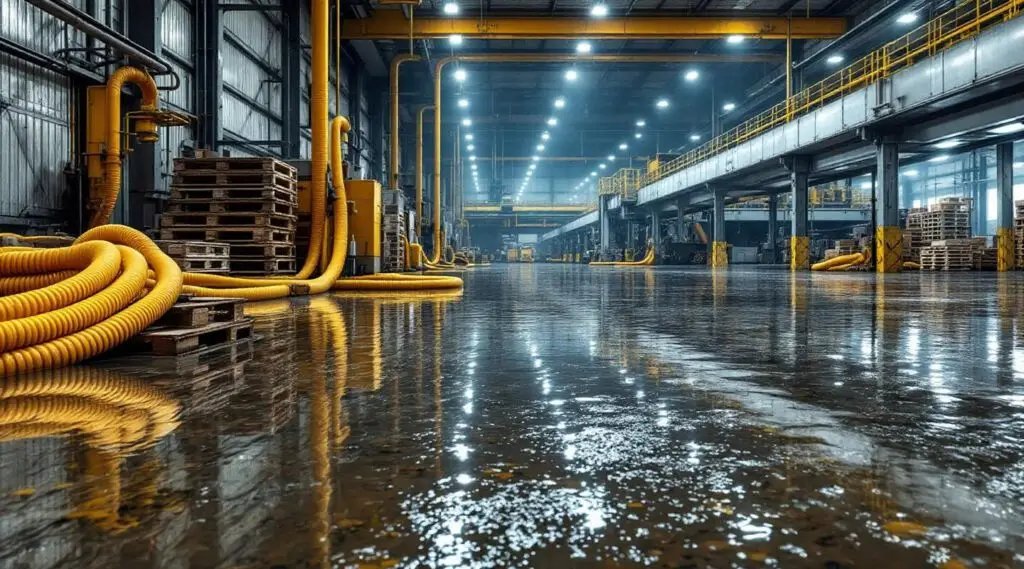 Flooded industrial warehouse interior with water extraction equipment