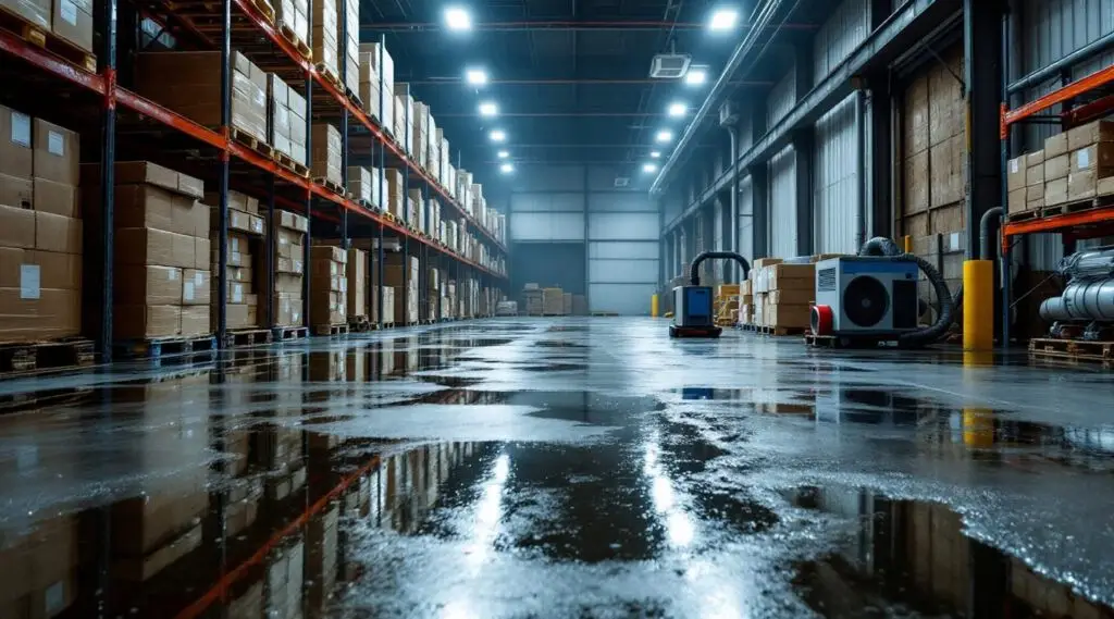 Interior of a large, clean warehouse with a water damage restoration team inspecting equipment and assessing damage.