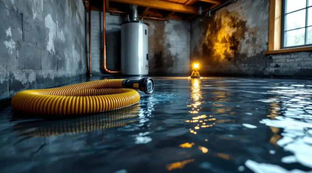 Emergency water removal in a flooded living room with technicians using equipment
