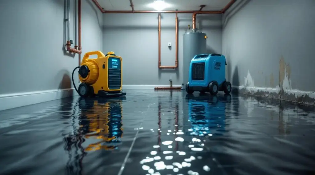 Emergency water damage repair technicians assessing a flooded living room