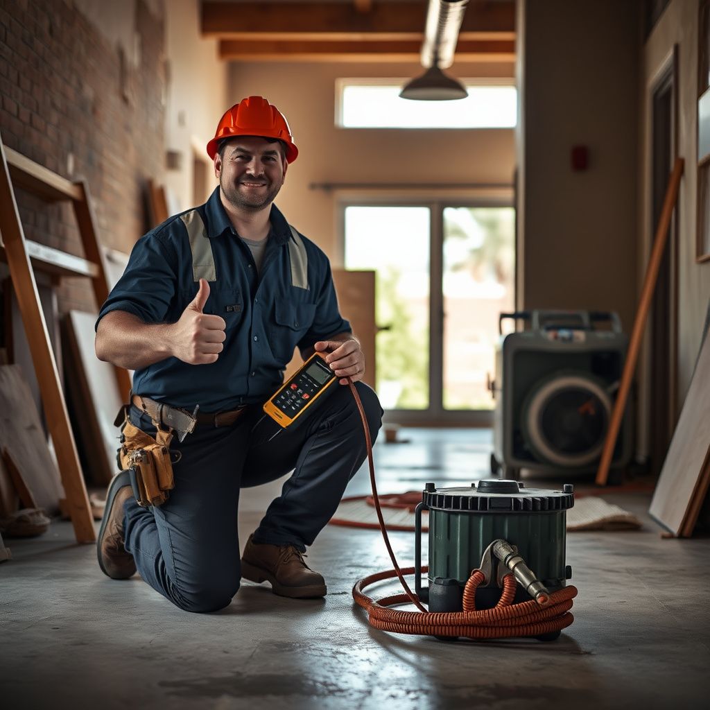 A professional water restoration technician inspecting a damp wall with a moisture meter in a Peoria kitchen.