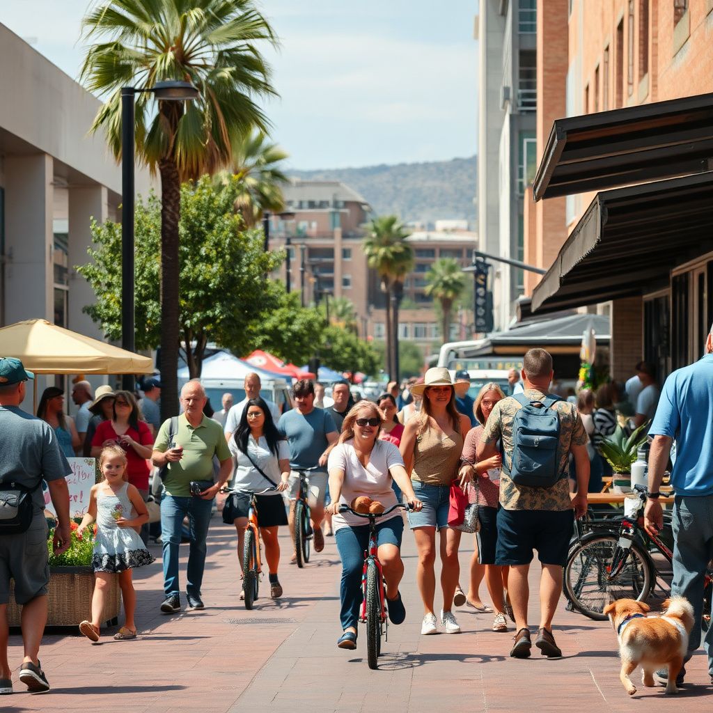 Historic brick buildings with modern storefronts along Mill Avenue in downtown Tempe, Arizona, under a clear blue sky.
