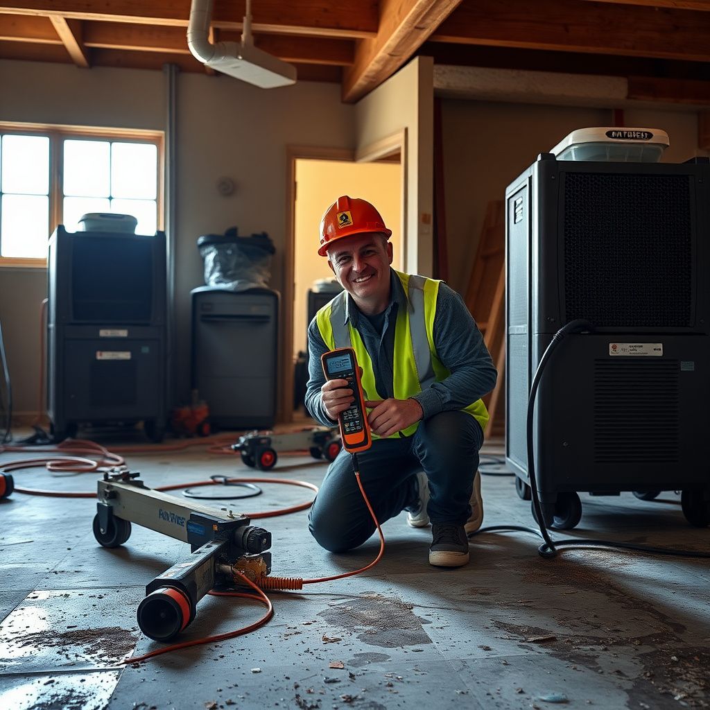 A Heritage Water Restoration technician explaining the water damage restoration process to a homeowner in a Litchfield Park living room.