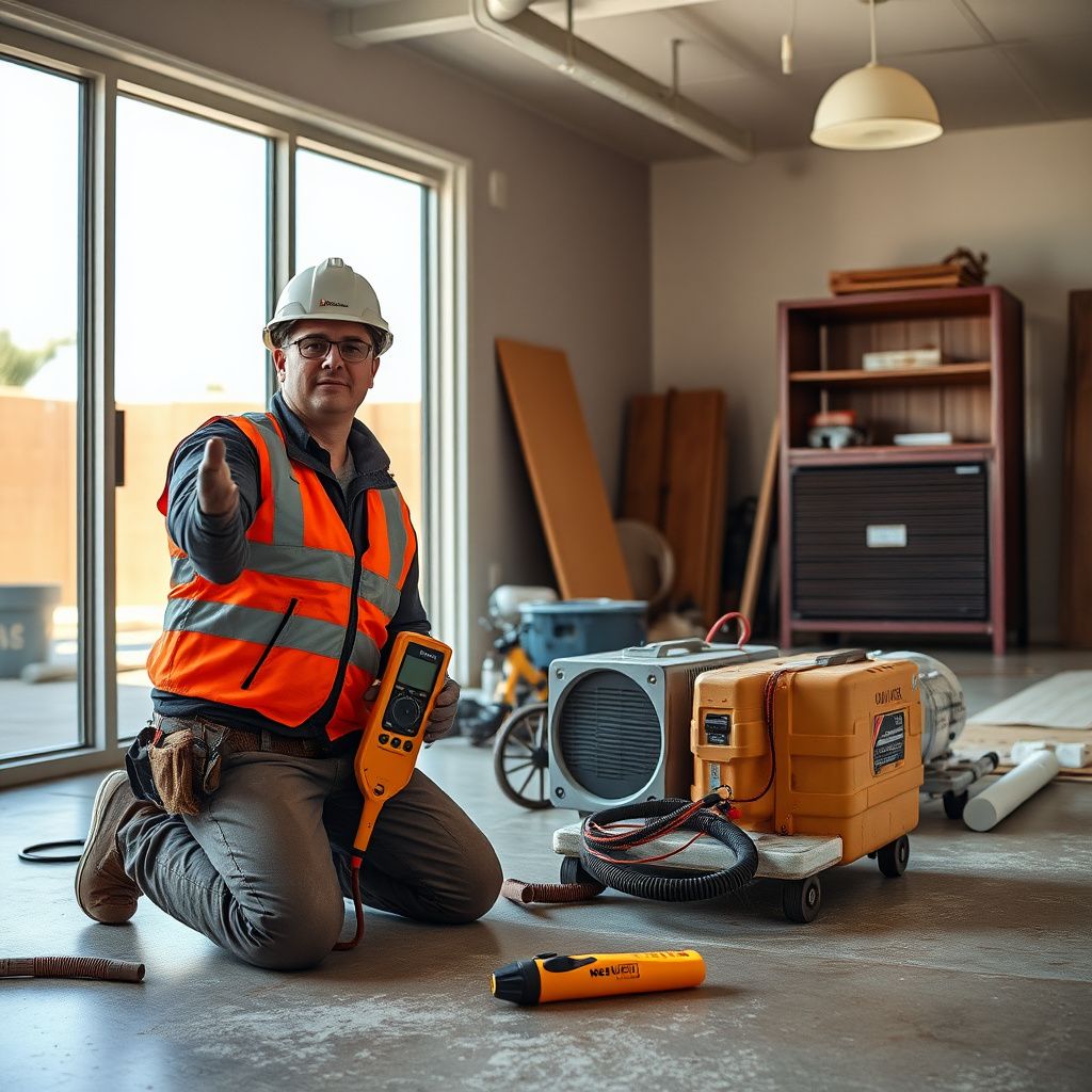 A Heritage Water Restoration technician explaining the drying process to a homeowner inside a clean, restored living room in El Mirage, Arizona.