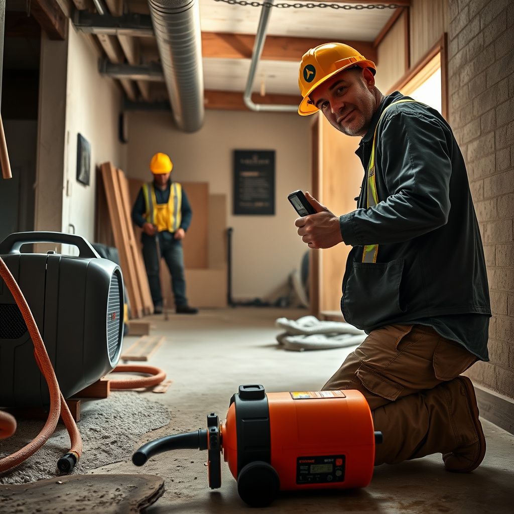 A Heritage Water Restoration technician inspecting a damp wall with a moisture meter in a Mesa home, ensuring thorough drying after water damage.