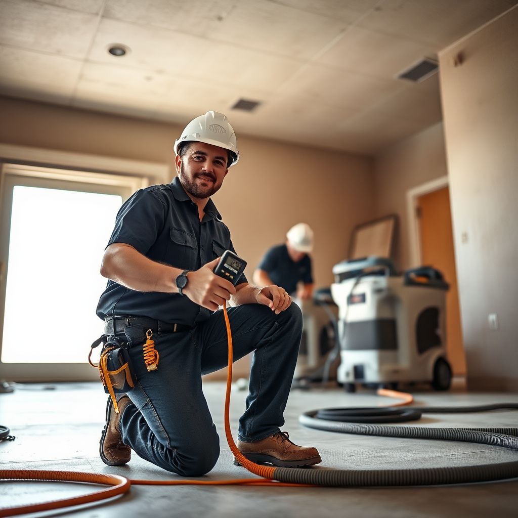 A skilled Heritage Water Restoration technician in Goodyear, Arizona, explaining the water damage restoration process to a homeowner in their kitchen, showing empathy and professionalism.