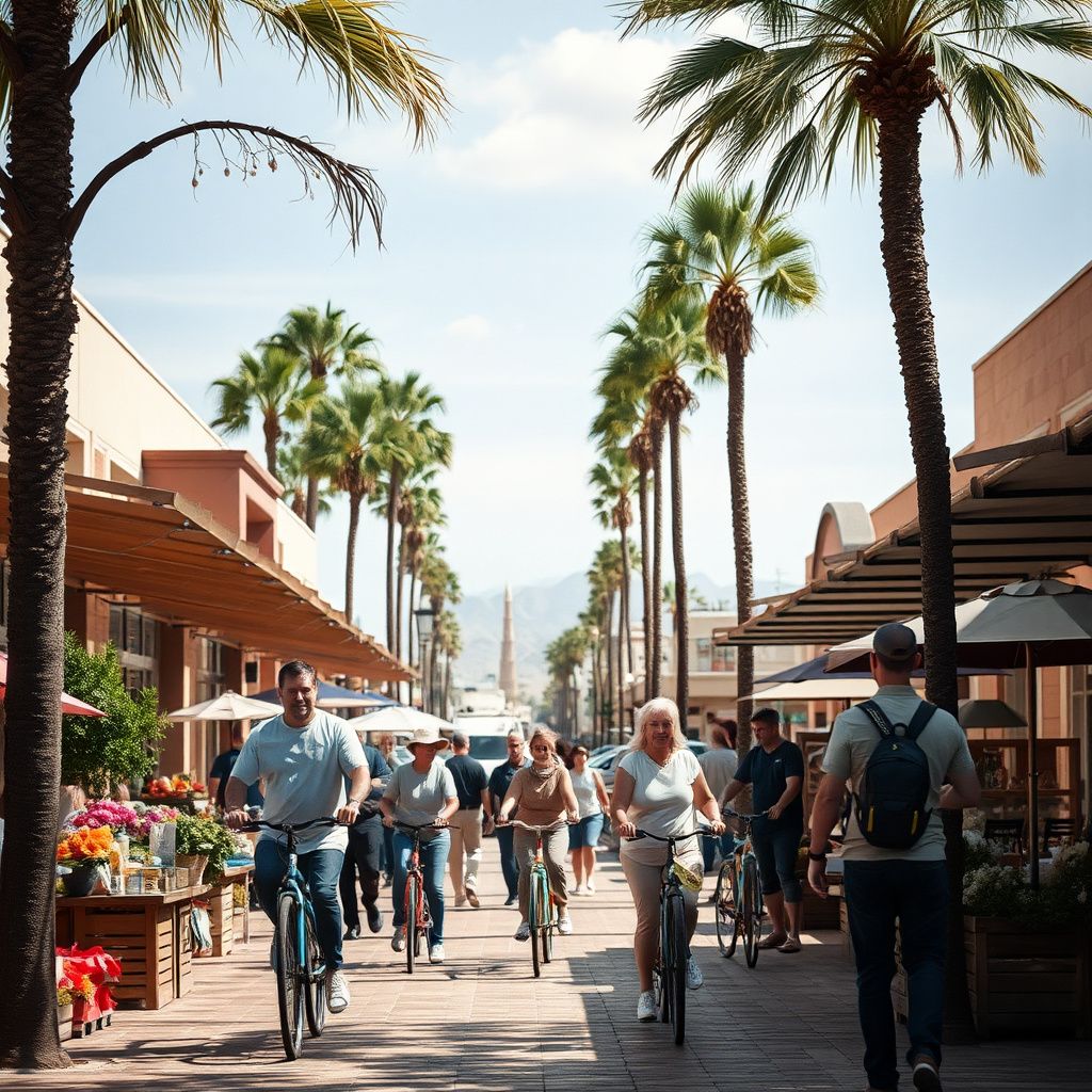 Historic Main Street in downtown Mesa, Arizona, with vintage brick buildings and palm trees under a bright blue sky, showcasing the city's blend of heritage and modern life.